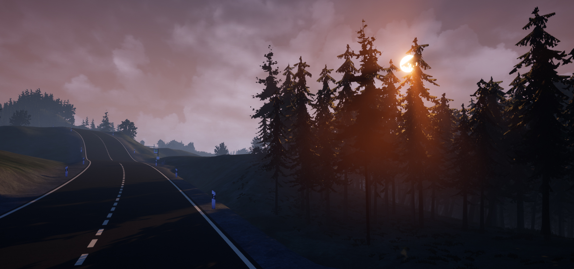 Start of (H) - The Game at Dusk: A road on the left side, and a small forest on the right. The sun is shining through the trees.