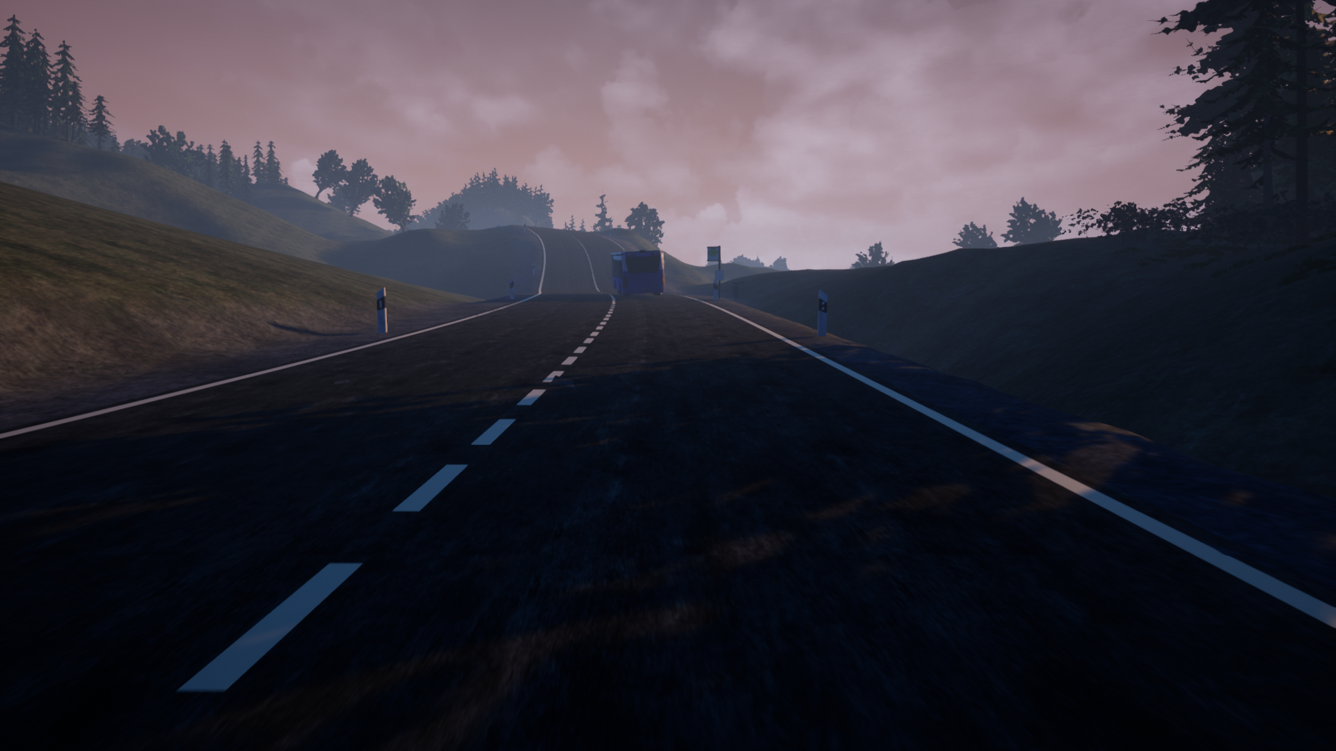 Bus stop and bus in the distance. The player is going to miss the bus.