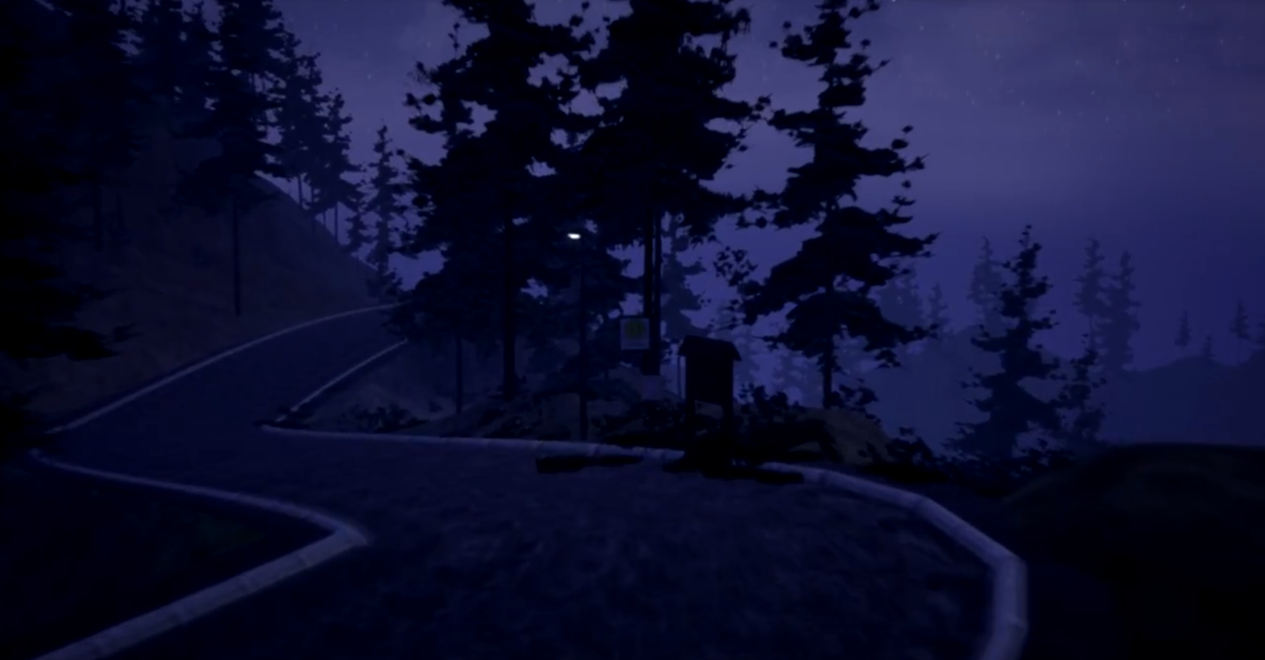 Street at night. A few trees, a streetlight, and an unlit hiking map. There is fog in the distance.
