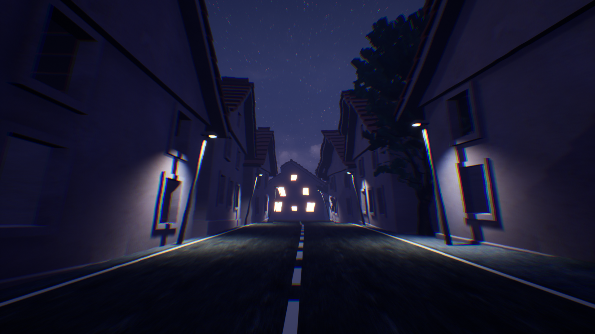 The alleyway is strangely stretched and blurred. At the end of the road is an illuminated house.