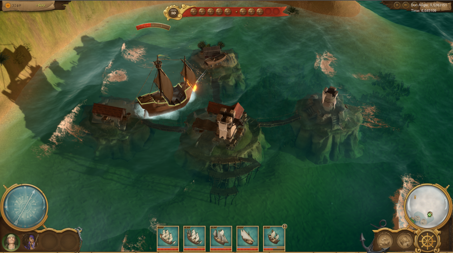 Boat at a harbor in Of Ships & Scoundrels. Various UI elements like a minimap and icons for the fleet are visible.