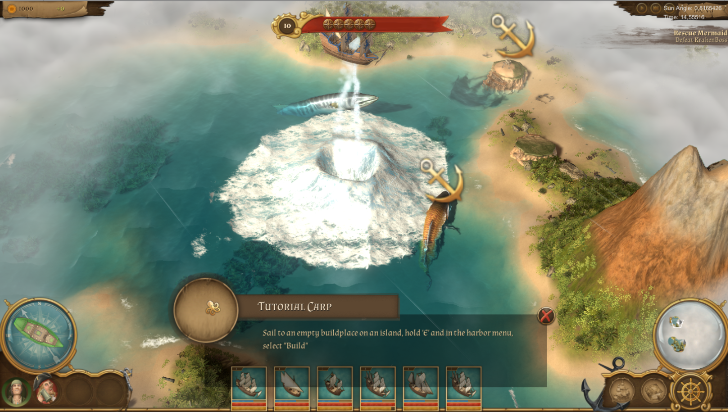 Draft of a tutorial in Of Ships & Scoundrels. The tutorial text says 'Sail to an empty buildplace on an island, hold E and in the harbor menu, select Build'.