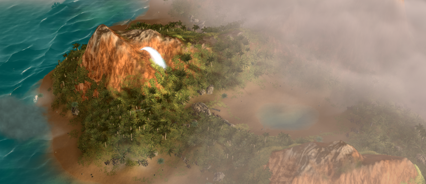 Island with mountain, palm trees, and seashore in Of Ships & Scoundrels.